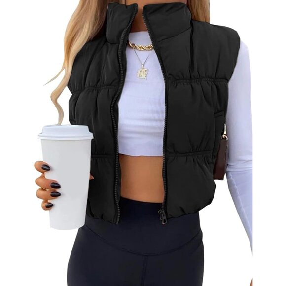 Jackets & Blazers - Women's Cropped Puffer Vest Nylon Polyester Stand Collar Sleeveless